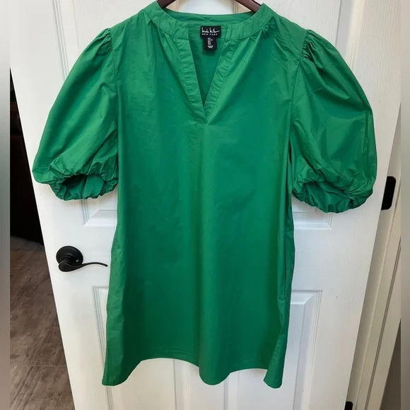 Nicole Miller Vibrant Green Puff Sleeve Mini Dress Size L LIKE NEW - Picture 1 of 7
